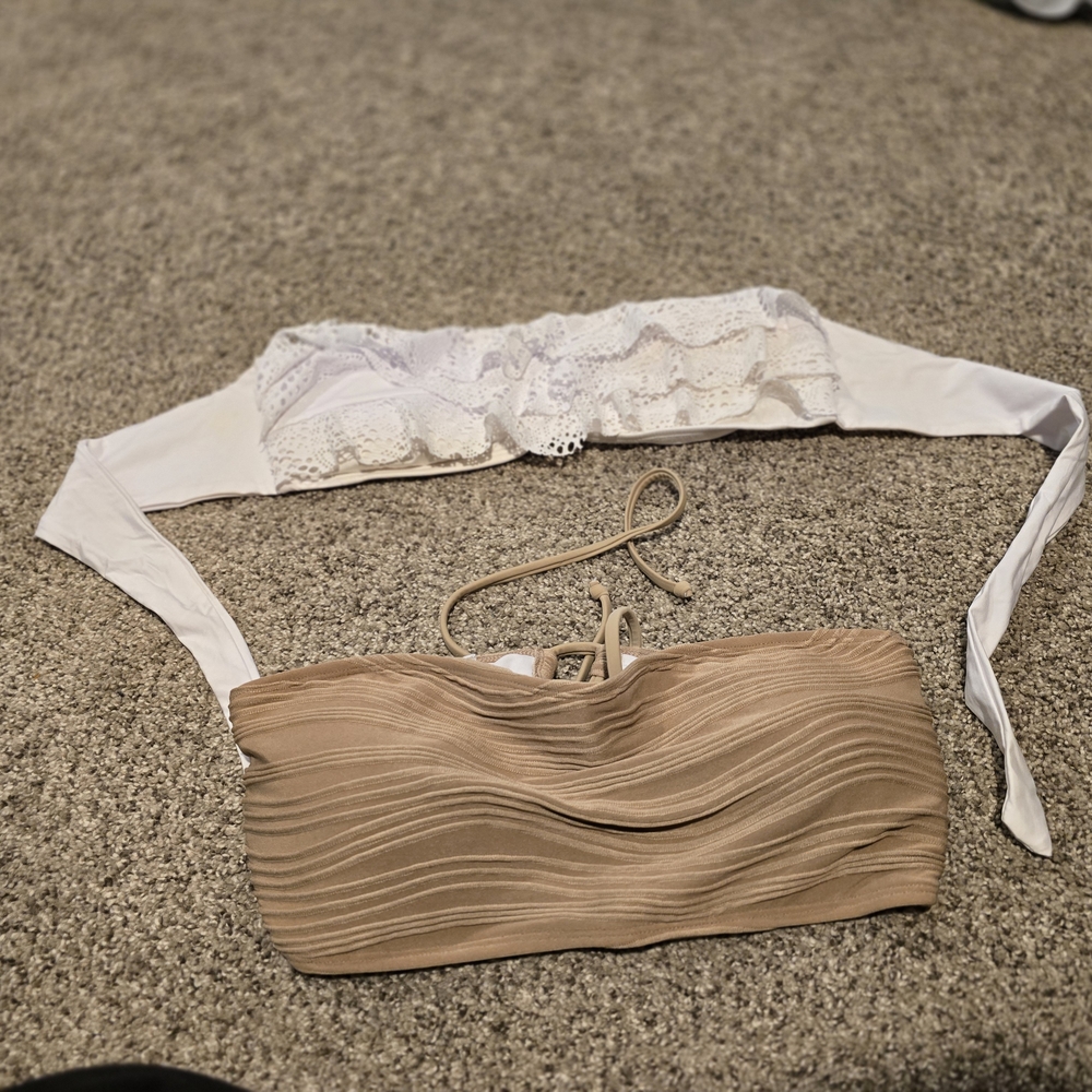 Elegant White and Tan Lace Bandeau Swim Tops